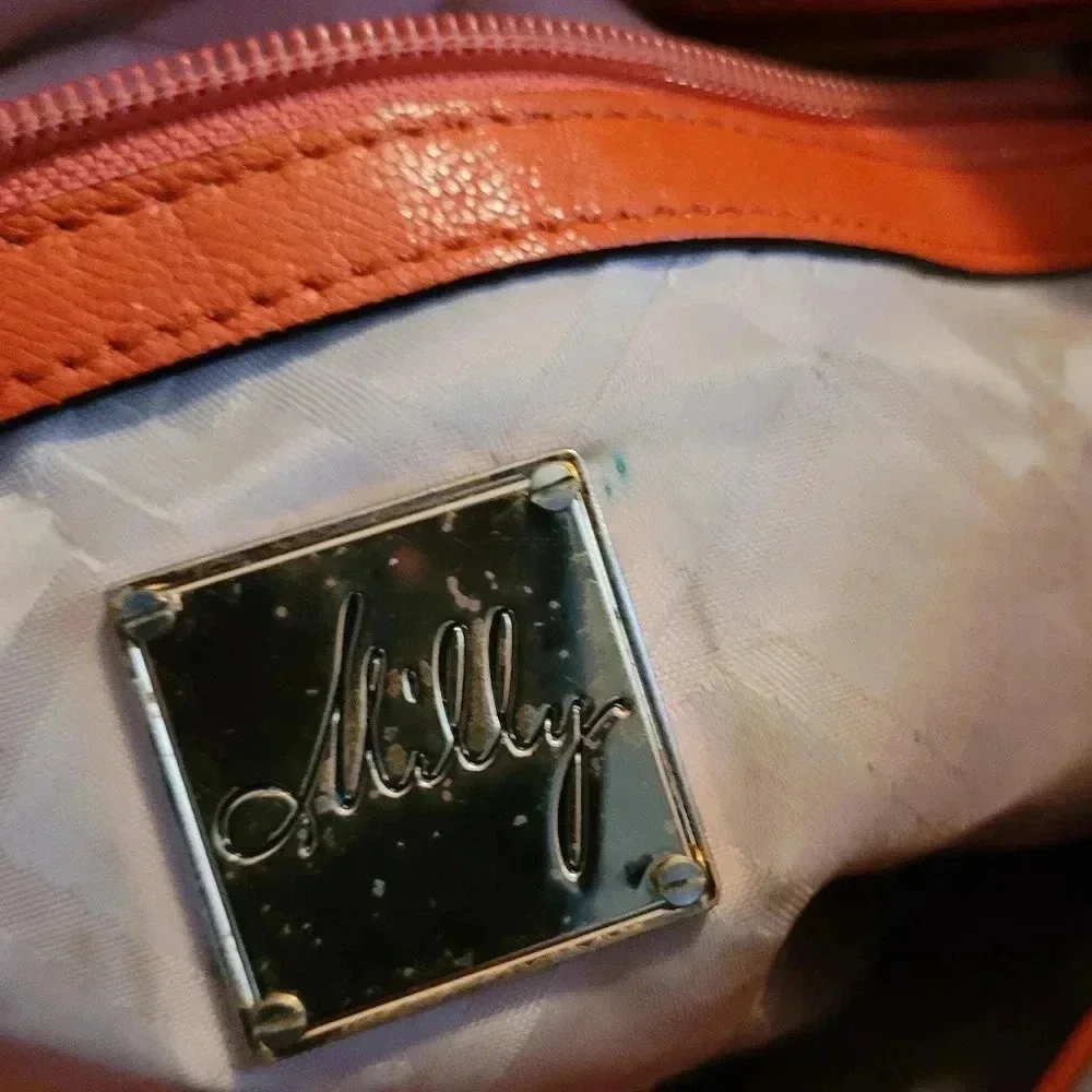 MILLY Orange tan soft leather gold chain link shoulder bag purse contemporary